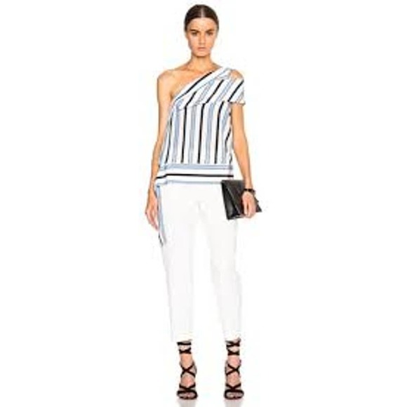 MSGM Shirt Womens 38 XS White Black Striped Silk One Shoulder Asymmetric Top - Picture 1 of 14